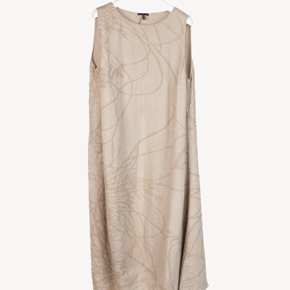 Oska Tuelo Taupe Branch-Print Linen Balloon-Hem Dress